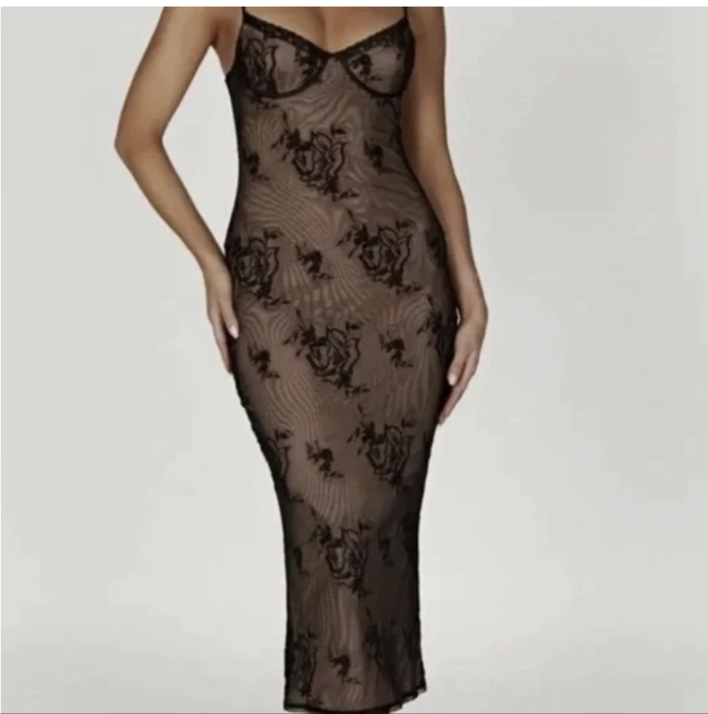 Meshki Embroidered Mesh Midi Dress